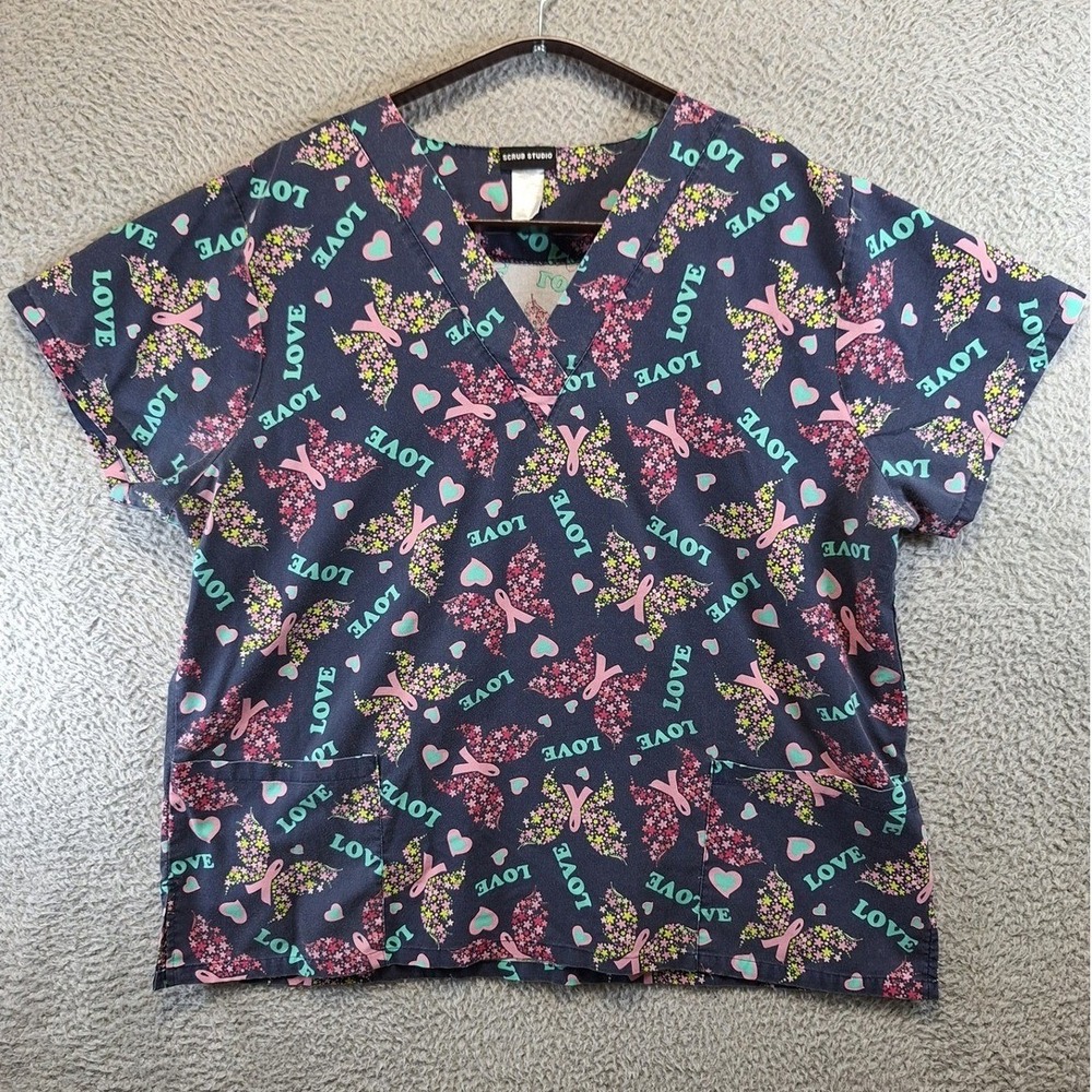 Scrub Studio Scrub Women 2X Multicolor Butterfly Breast Cancer Awareness Love